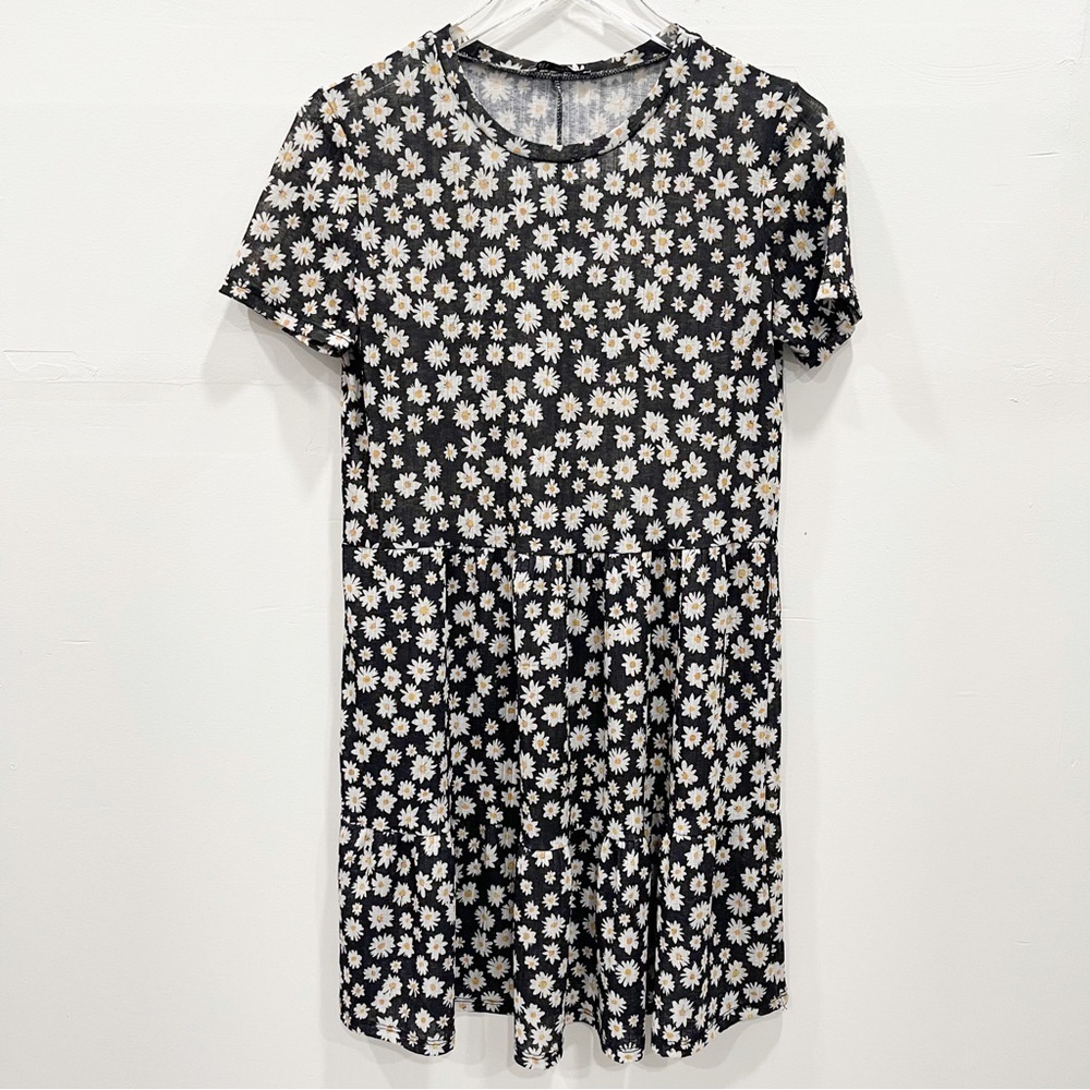 Zara Mini Sunflower Babydoll Tiered Sheer Dress Short Sleeve Black Size Medium